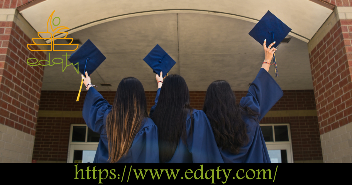 Graduates in blue gowns raising caps in front of a building symbolizing academic opportunities and resources