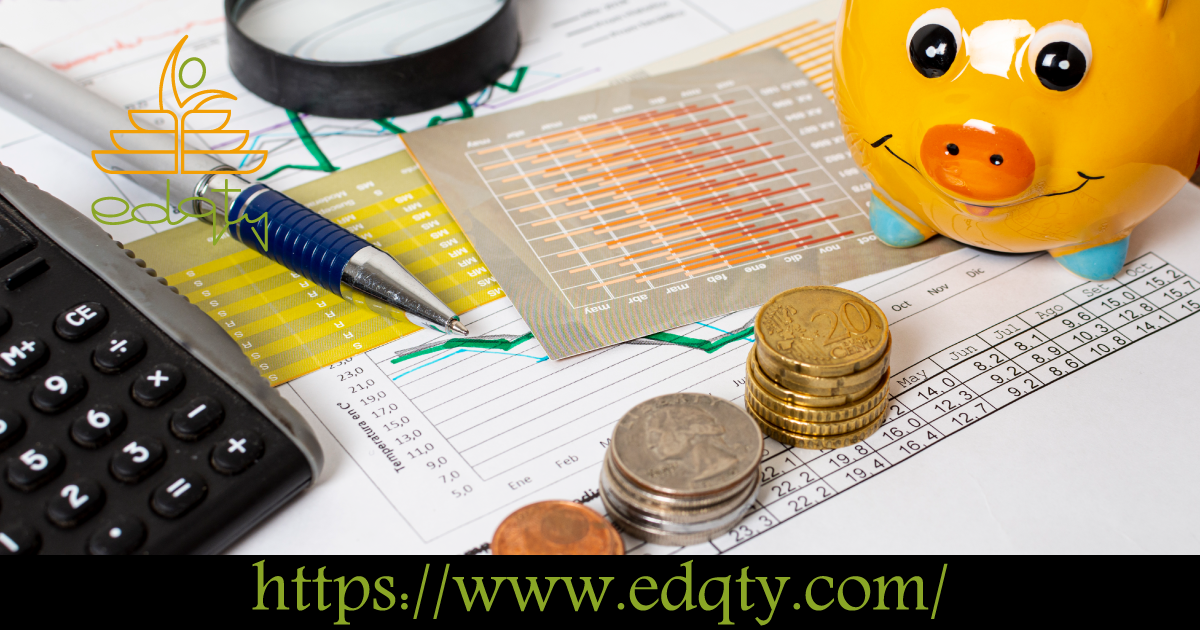 Piggy bank, coins, and financial charts representing budgeting for a short-term stay in the UK