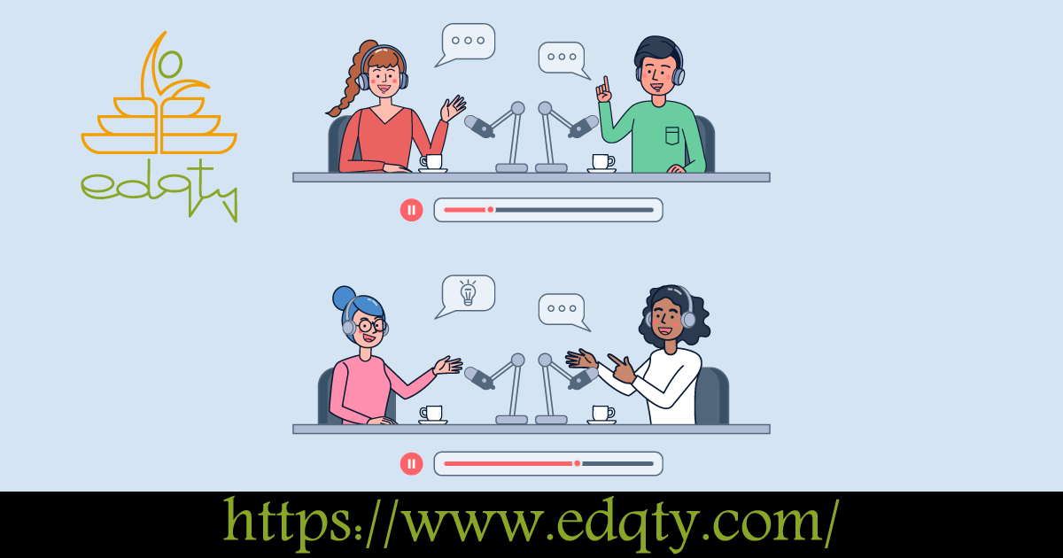 Illustration of hosts in discussion with audio progress bars representing the importance of selecting the right podcast length for educational lessons