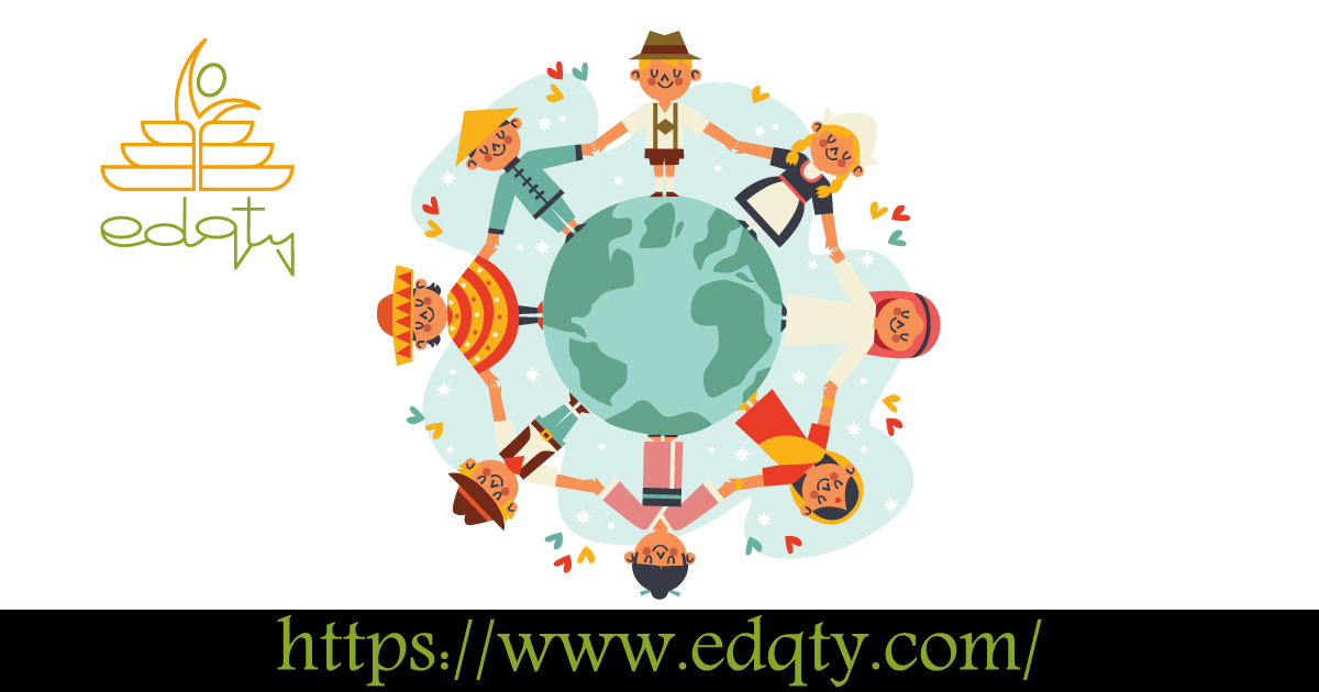 Illustration of people in traditional attire holding hands around a globe representing cultural integration through language and tradition