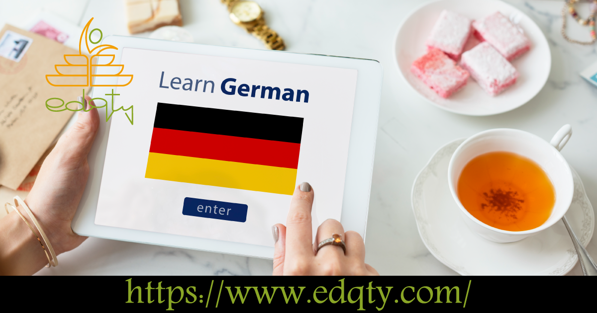 Tablet displaying 'Learn German' with the German flag symbolizing language proficiency requirements for studying in Germany