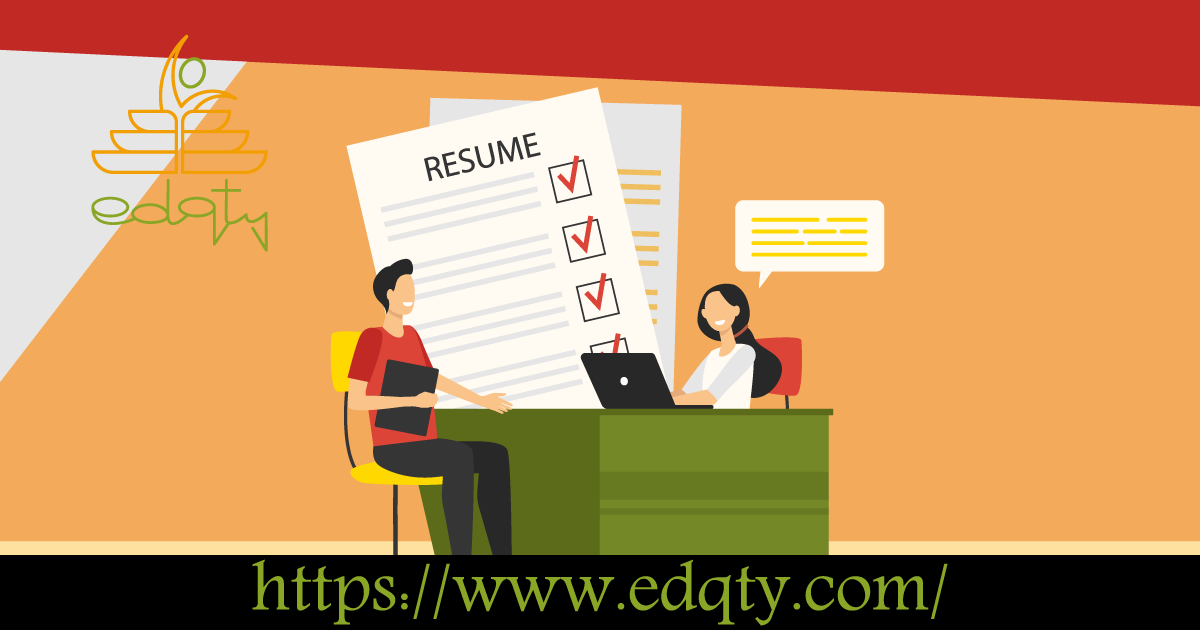 Illustration of a job interview with a resume checklist representing German language proficiency requirements for employment