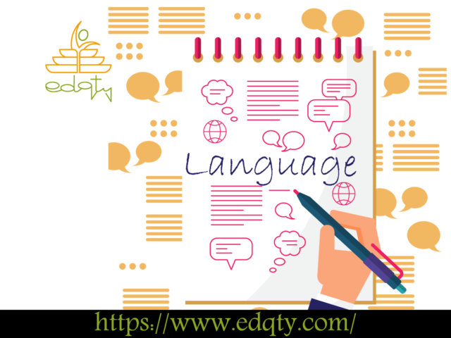 Notebook illustration with 'Language' text and speech bubbles representing German language proficiency requirements