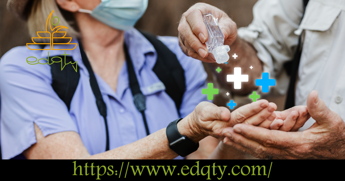 Person applying hand sanitizer to another’s hands symbolizing the role of health and social care in community well-being