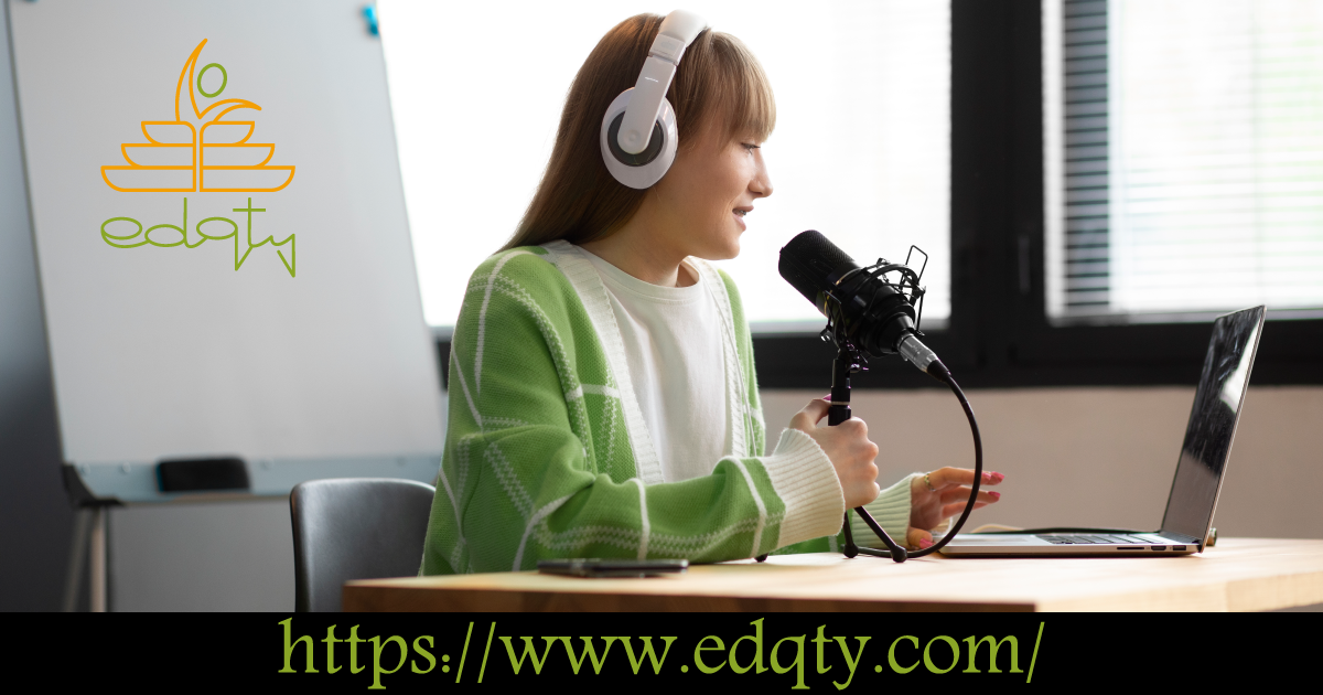 A young woman recording a podcast with a microphone and laptop
