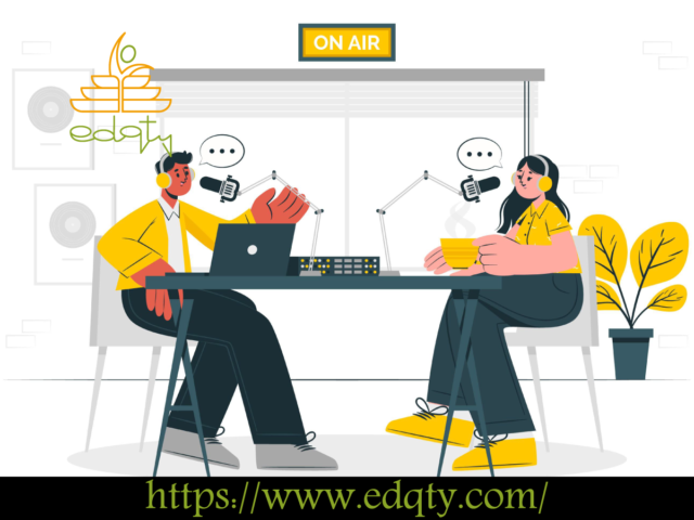 Two podcast hosts recording a discussion representing the impact of podcasts in education