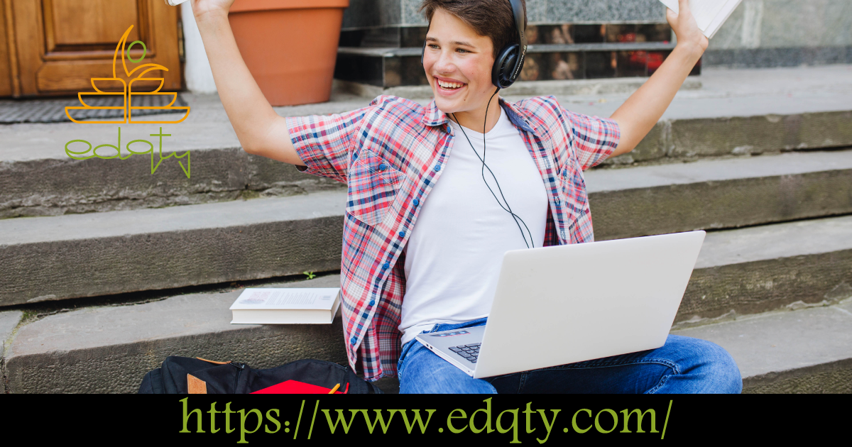 Excited student with headphones, books, and a laptop symbolizing preparatory courses for transitioning to academic life in Germany