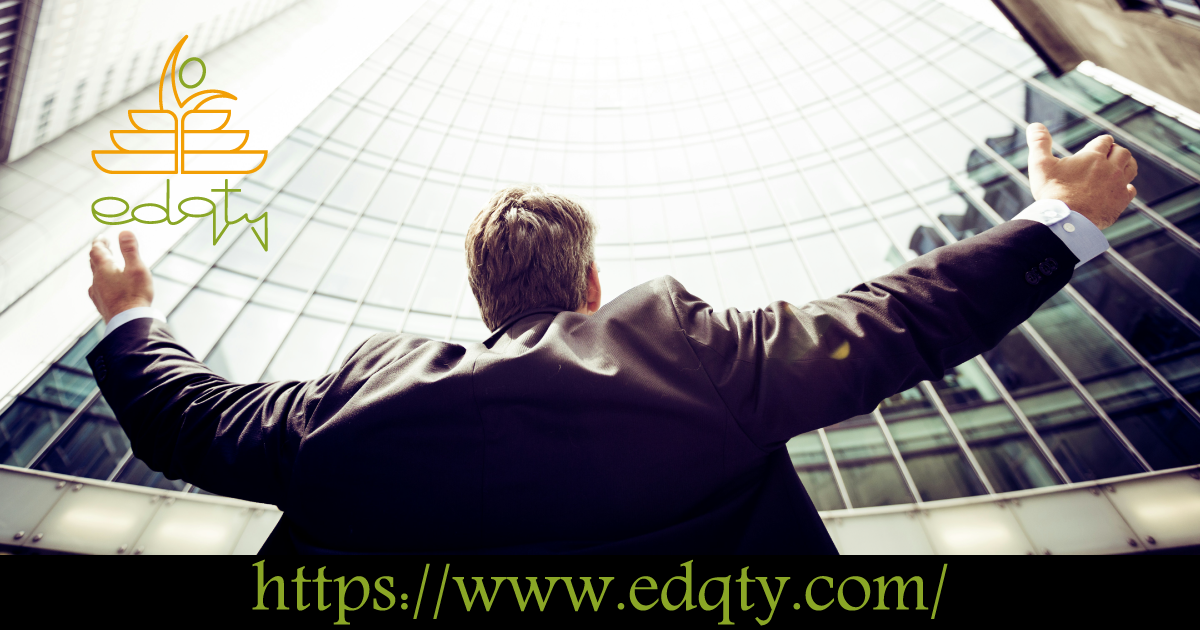 Business professional with arms raised in front of a modern office building symbolizing career success through German language proficiency