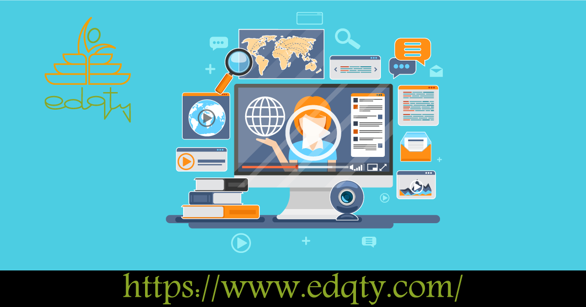 Illustration of an online webinar with educational resources representing platforms where students can access high-quality podcasts