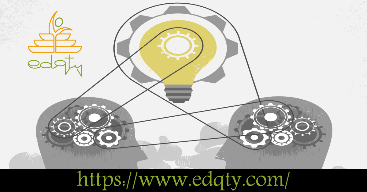 Illustration of two human heads connected by gears and a lightbulb representing knowledge transfer and the effectiveness of podcasts in education
