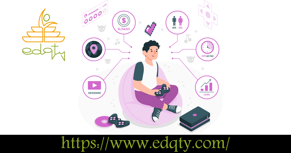 Illustration of a person playing video games with data charts representing best practices for integrating gamification into content development