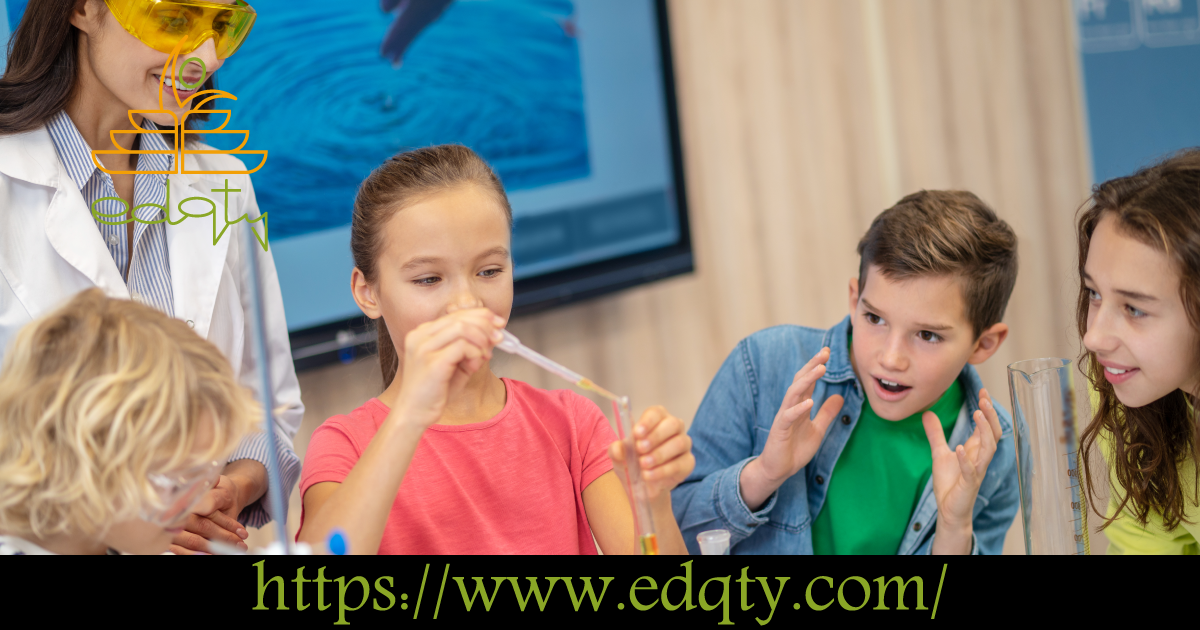 A teacher guiding children in a science experiment promoting logical reasoning and curiosity