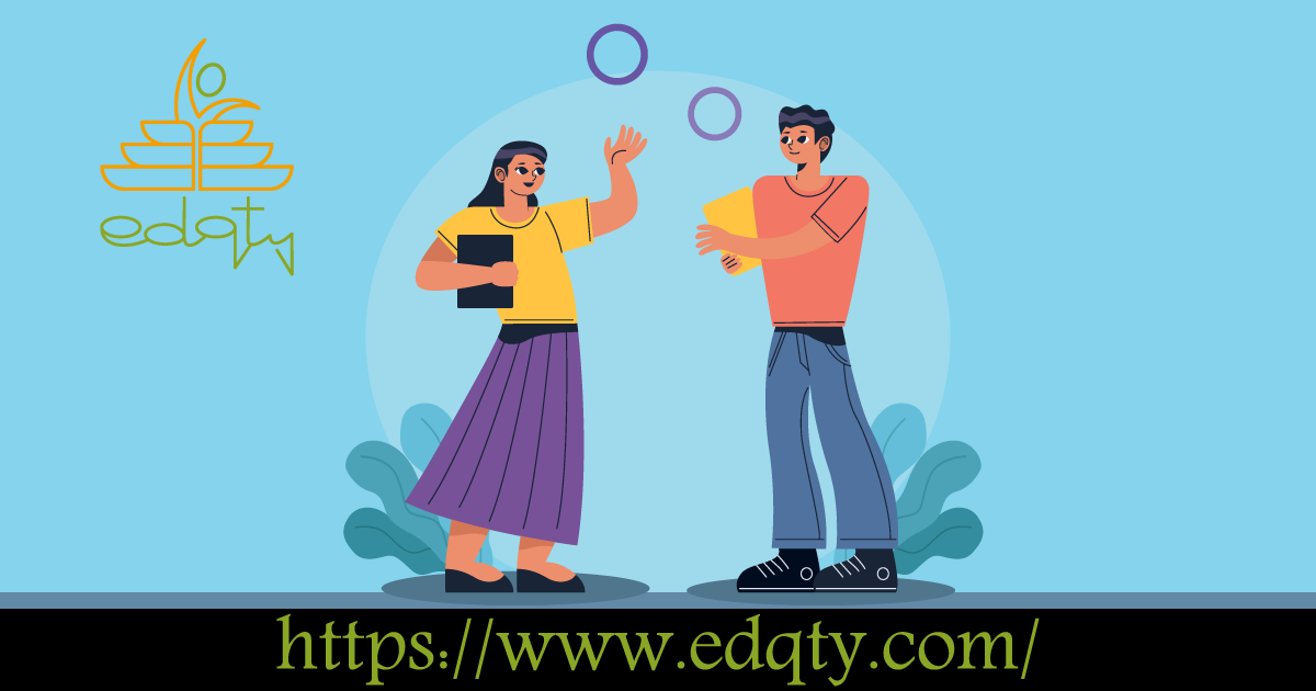Illustration of two students exchanging ideas symbolizing adaptability and open-mindedness in a diverse college environment
