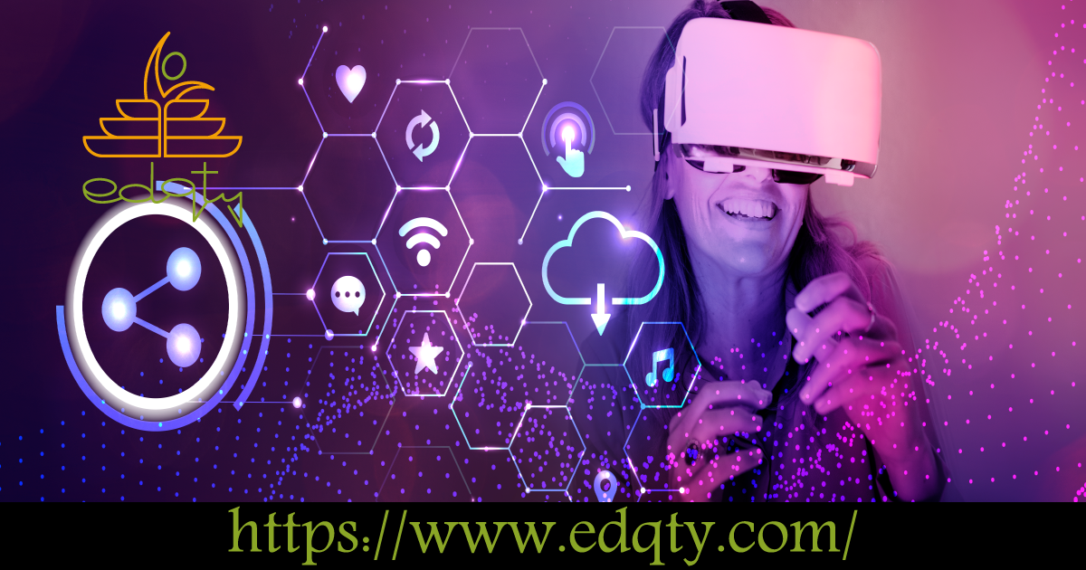 Woman using a virtual reality headset with digital icons and futuristic graphics illustrating emerging trends shaping the future of gamification