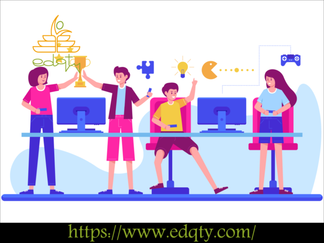 Students interacting with computers in a gamified learning environment, featuring trophies, puzzles, and game controllers symbolizing gamification in education