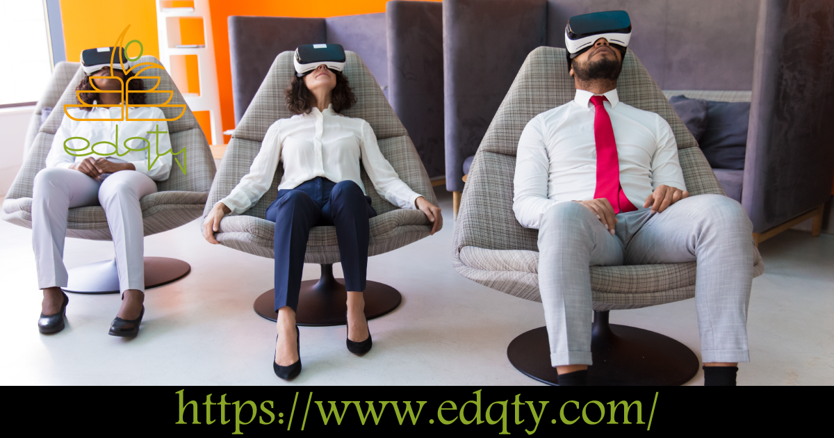 Business professionals using virtual reality headsets demonstrating the corporate training in an interactive learning environment