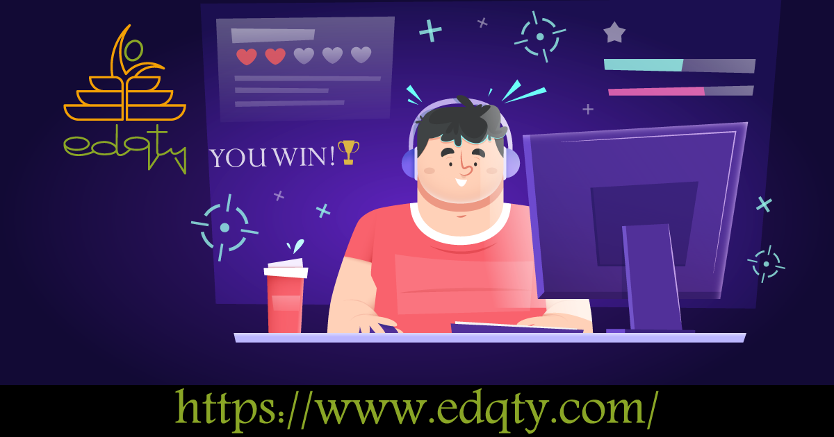 Illustration of a student winning a game on a computer highlighting the use of gamification elements like points, rewards, and progress tracking in online education