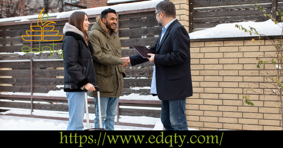 International students meeting a landlord and finalizing a rental agreement symbolizing the process of securing study abroad accommodation